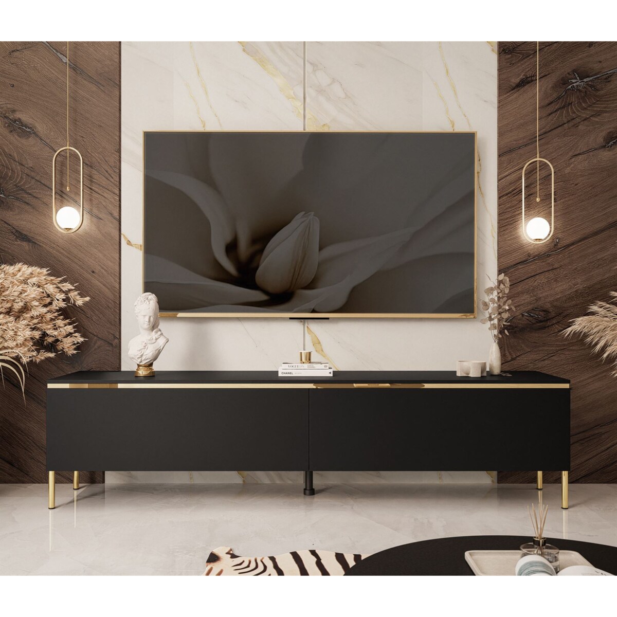 Szafka RTV AURORA czarny mat nogi proste złote