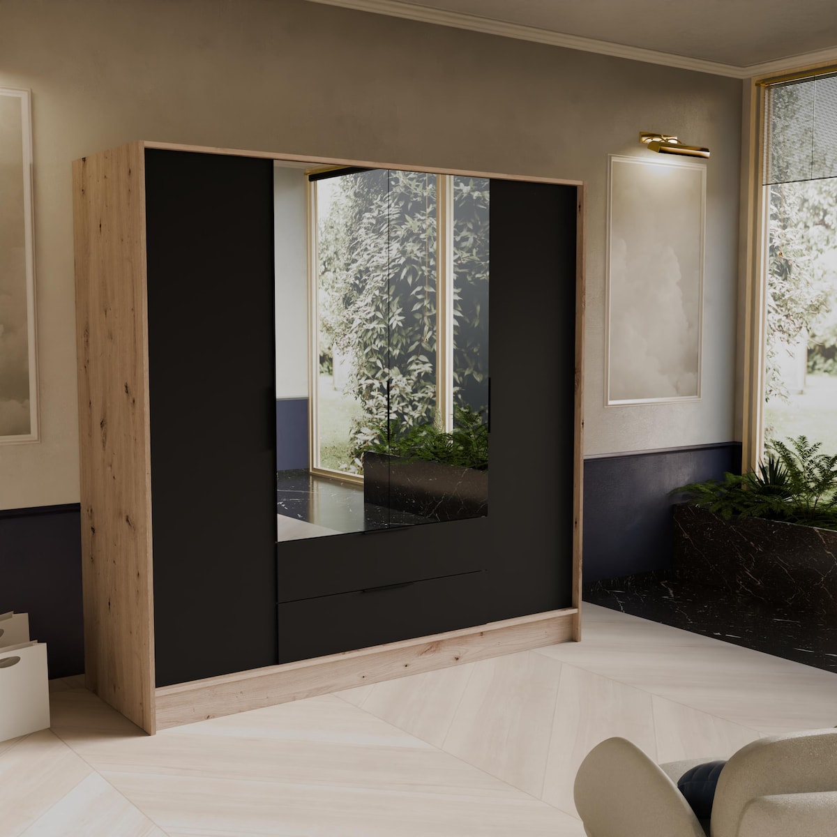 Szafa NIKOLA 200 z lustrem do garderoby, sypialni- sonoma+czarny front