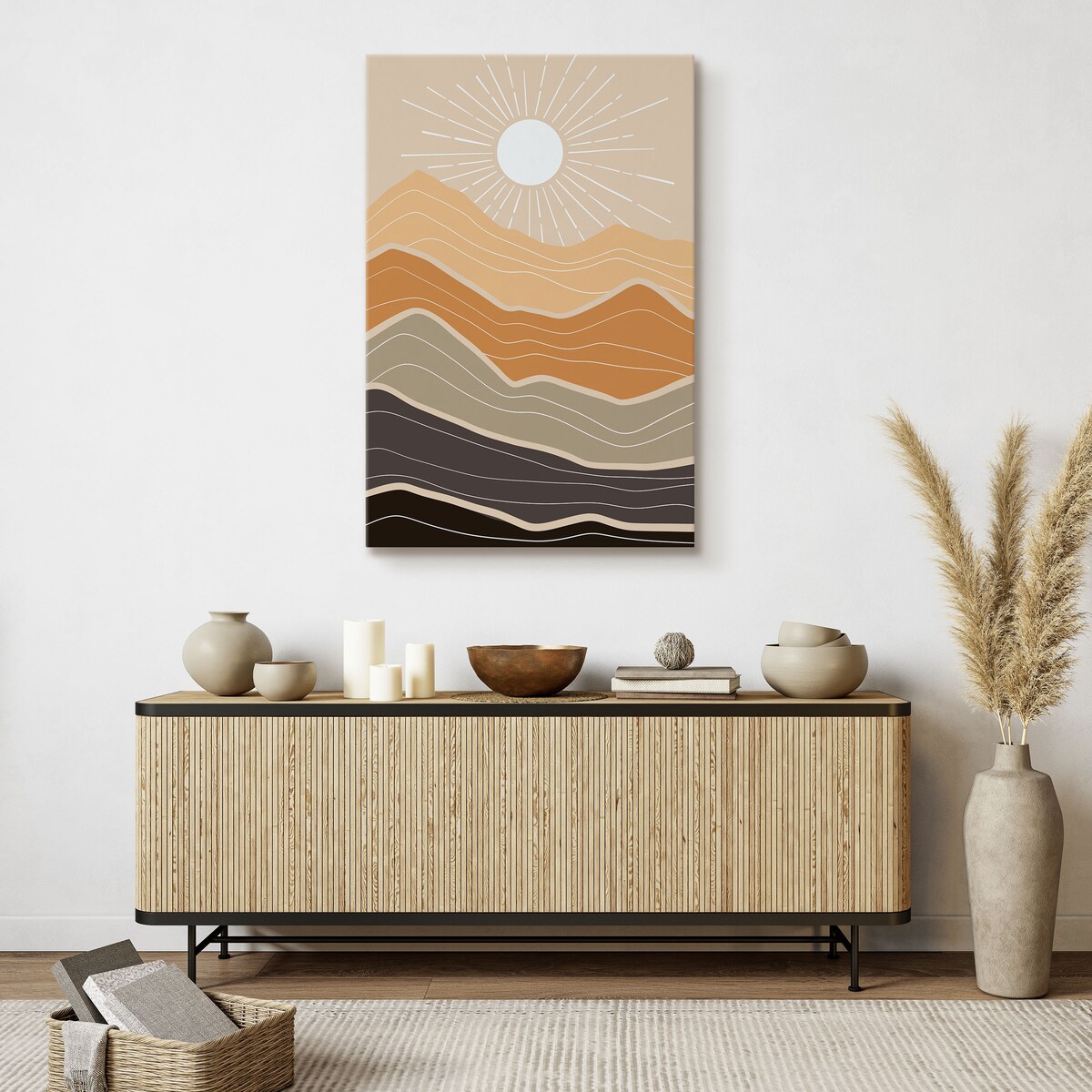 OBRAZ DO SYPIALNI GÓRY PEJZAŻ SŁOŃCE NATURA STYL BOHO ABSTRAKCJA 80x120cm