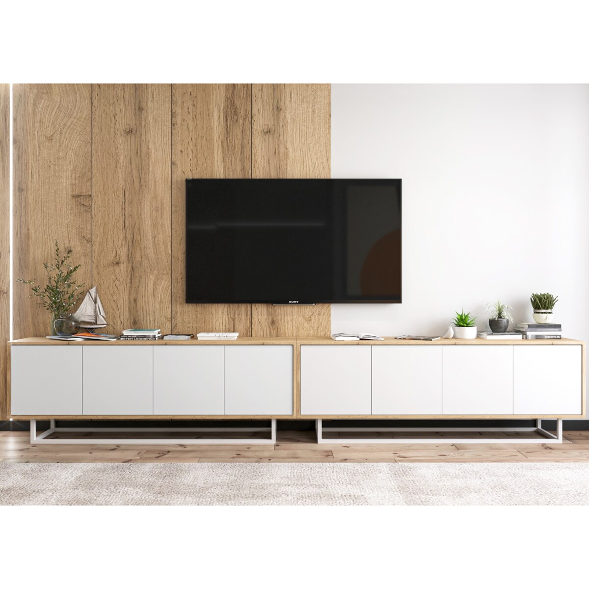 Szafka RTV Loft Komoda RTV Loft Dąb Wotan Biały MAT 300 cm