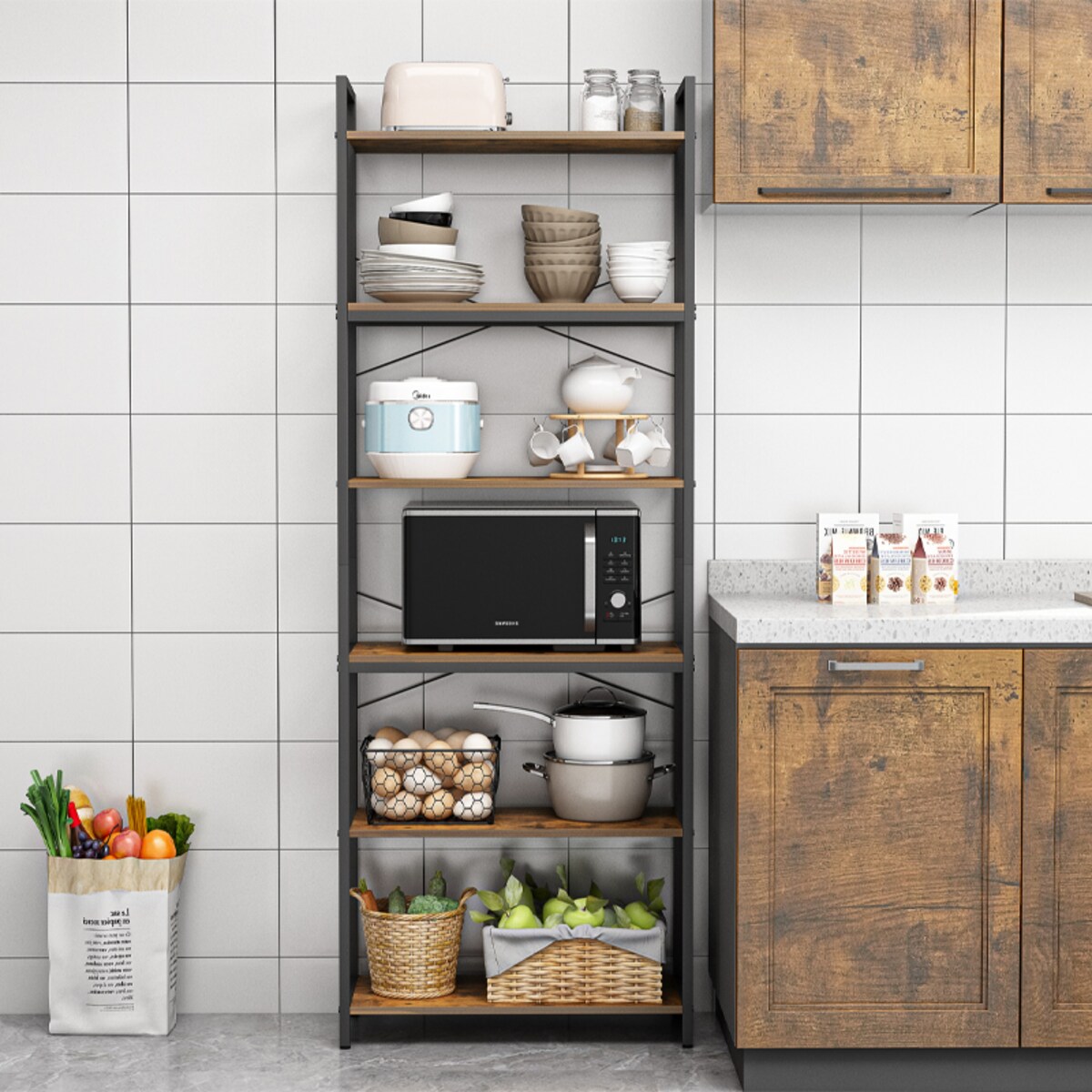 Regał półka industrialny stojący 6 półek drabinka na książki jasny brąz