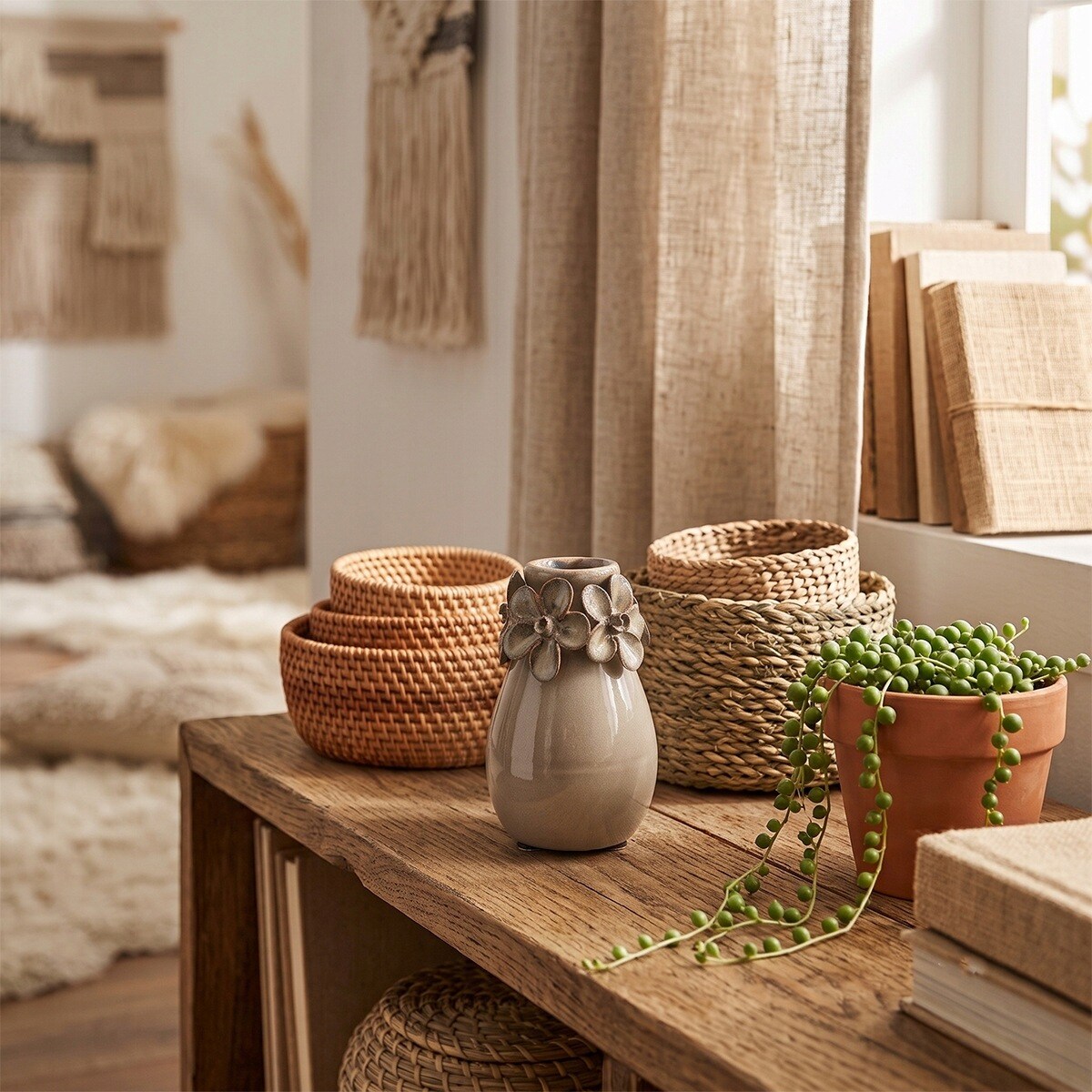 MAŁY WAZONIK WAZON 10cm NA GAŁĄZKĘ KWIATY CERAMICZNY BOHO LOFT BEŻOWY
