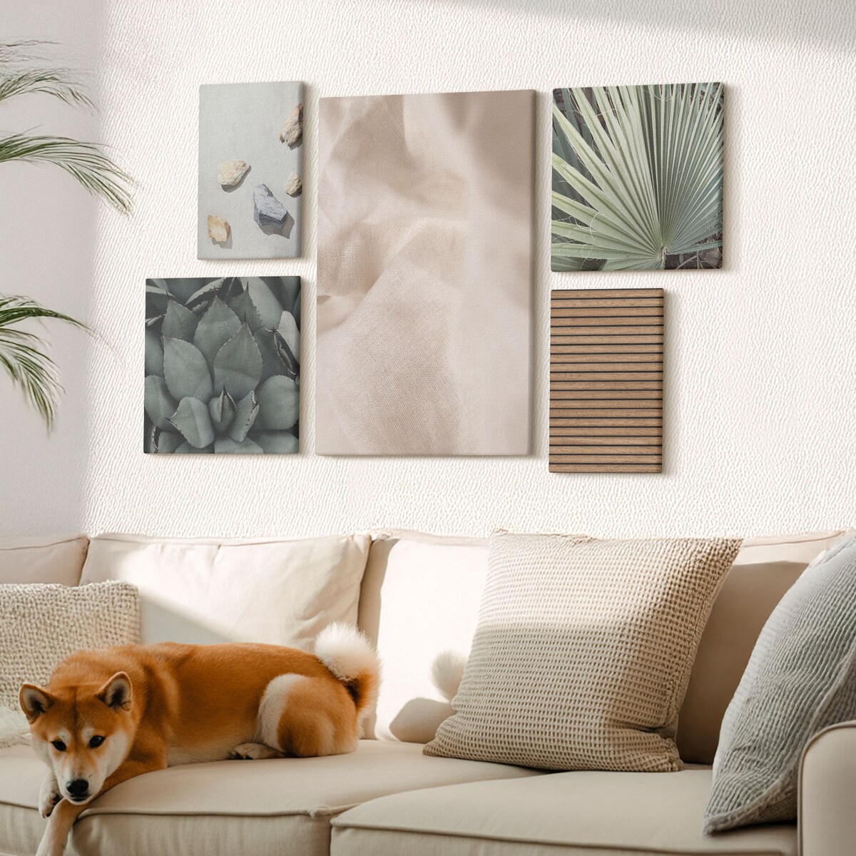 Zestaw 5 obrazów na płótnie - Kamienie drewno tkaniny tekstury boho - brązowy