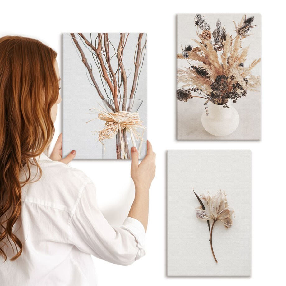 Zestaw 3 małych obrazów na płótnie - Kwiaty gałęzie minimalistycznie - beżowy