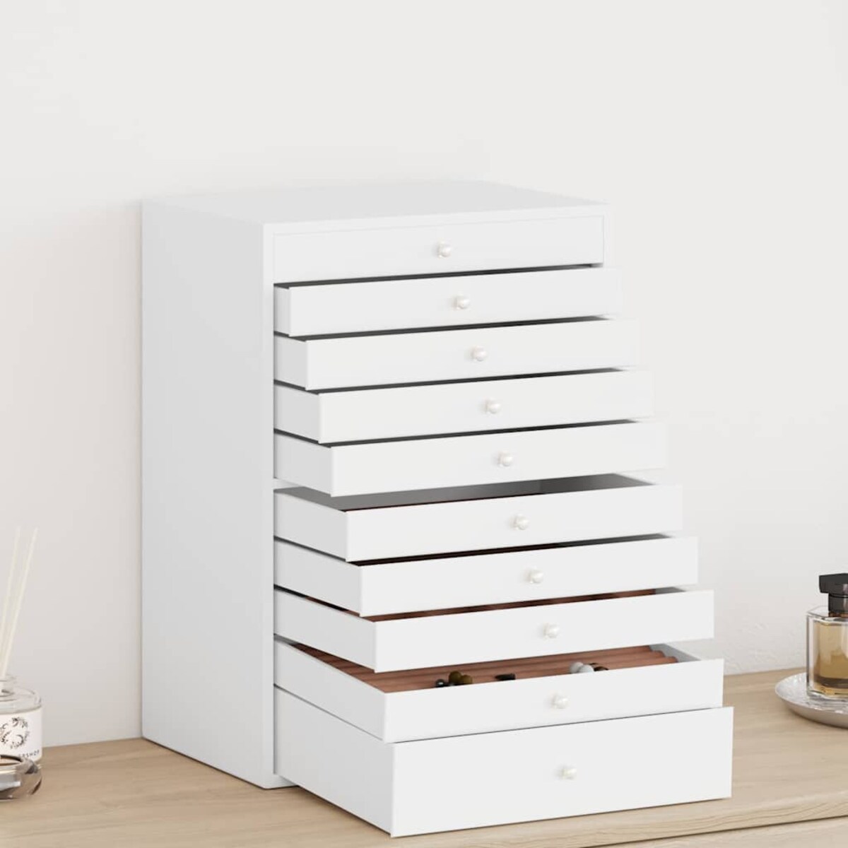 vidaXL Pudełko na biżuterię 10-warstwowe z uchwytami na zegarki, białe, 29x20,5x40,5 cm