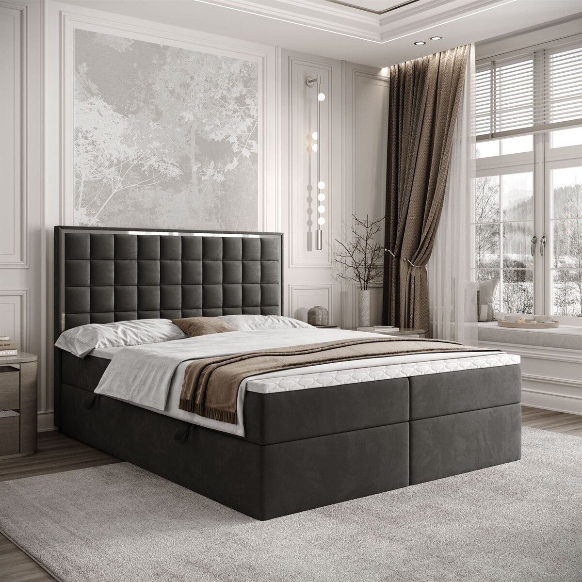 Łóżko kontynentalne ISADORA SILVER, pojemnik na pościel, 180x200, RV 185, topper