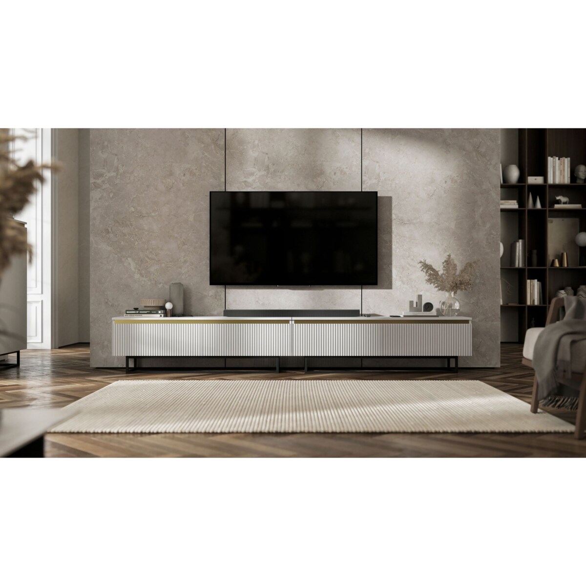 Nowoczesna Szafka RTV Glamour Komoda RTV Biały Mat 280 cm czarny stelaż