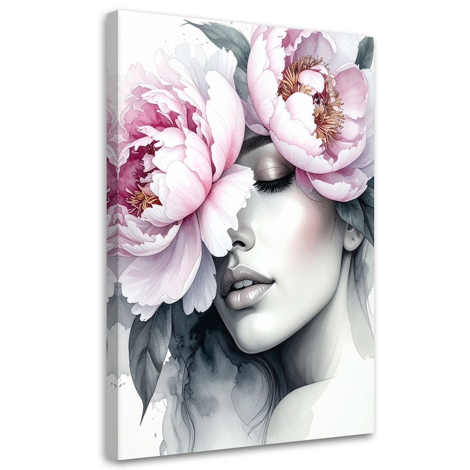 Obraz do salonu sypialni, Dziewczyna z kwiatami piwonii na głowie 80x120