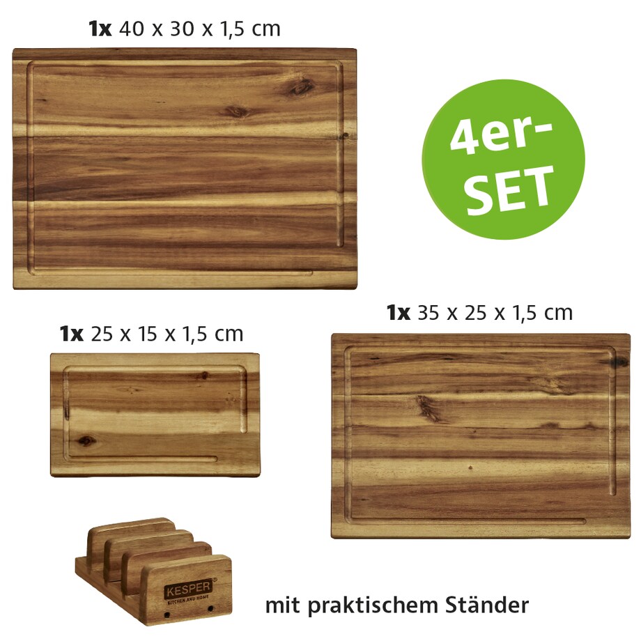 Zestaw 3 desek do krojenia ze stojakiem, drewno akacji