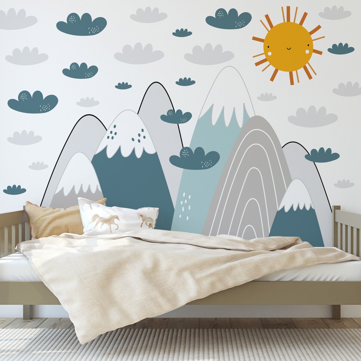 NAKLEJKI ŚCIENNE DLA DZIECI NIEBIESKIE GÓRY CHMURKI SŁOŃCE ZESTAW
