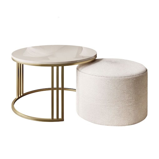 Stolik kawowy z pufą LORI POŁYSK złoto szczotkowane, kaszmir / Perfect Harmony 01