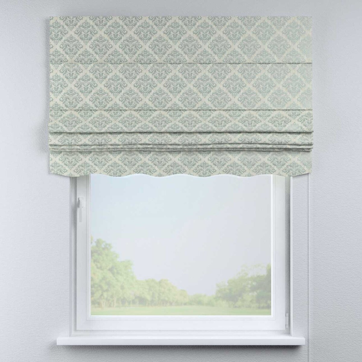 Roleta rzymska Florencja, srebrno-niebieski ornament na szarym tle, Imperia Premium