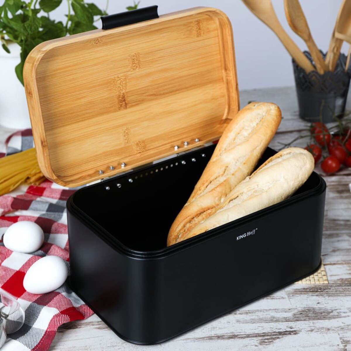 Chlebak stalowy z pokrywą bambusową pojemnik czarny KINGHOFF