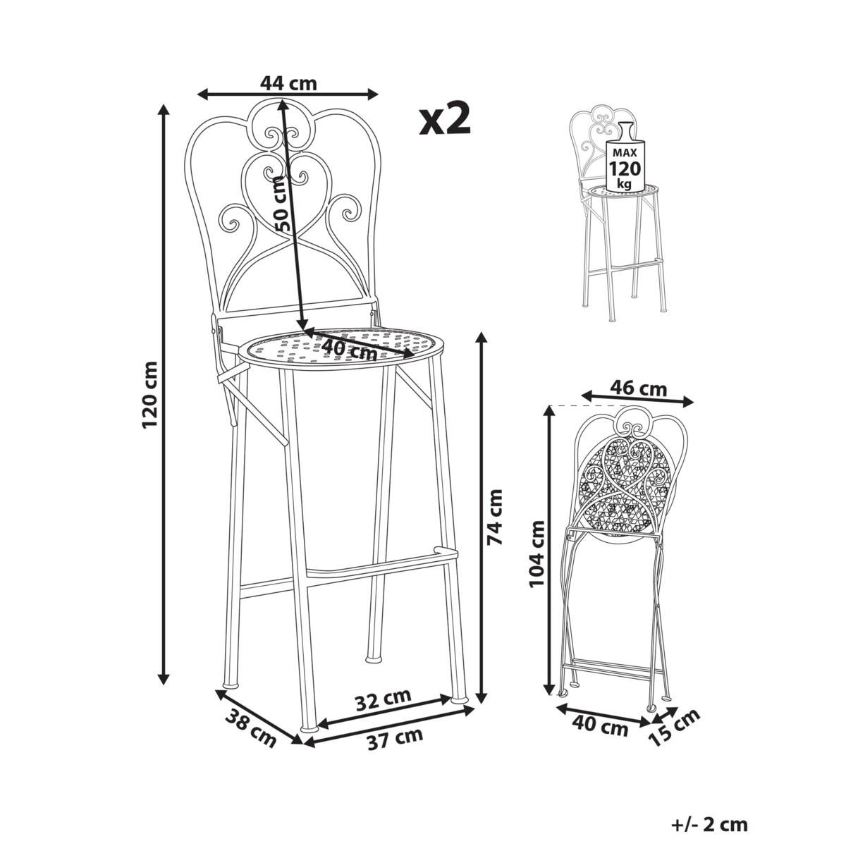 Zestaw 2 krzeseł barowych ogrodowych TRIESTE Składane Metal Jasnobeżowy
