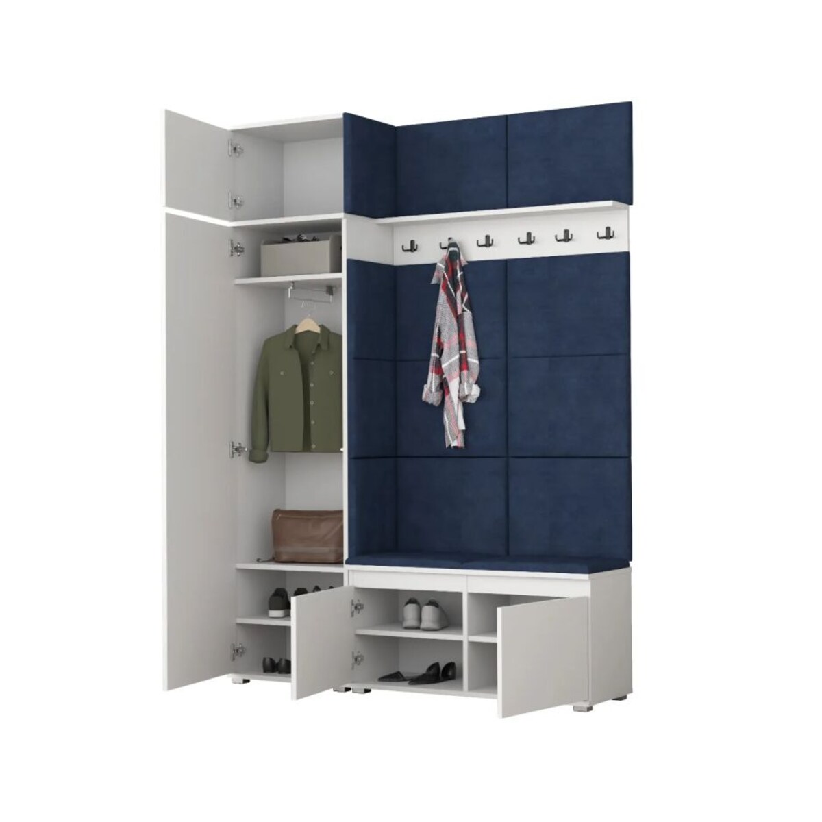 Garderoba z siedziskiem i nadstawką do przedpokoju SINGAPUR 154 biała/granatowa