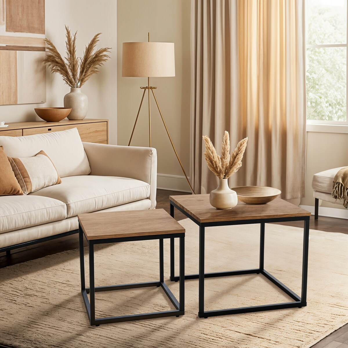 Stolik Kawowy Kwadratowy Zestaw 2w1 Ława Loft Czarny Dąb Złoty CARMI