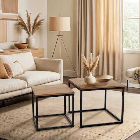 Stolik Kawowy Kwadratowy Zestaw 2w1 Ława Loft Czarny Dąb Złoty CARMI