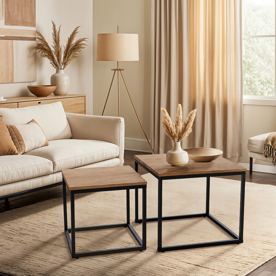 Stolik Kawowy Kwadratowy Zestaw 2w1 Ława Loft Czarny Dąb Złoty CARMI