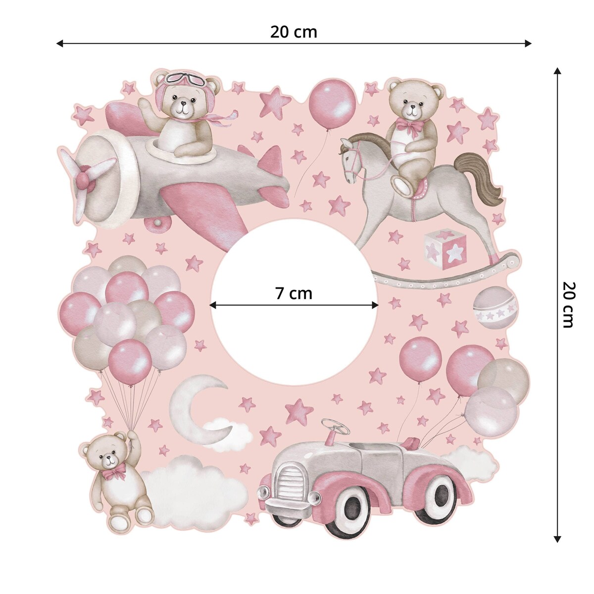 Naklejka Pod Kontakt Do Pokoju Dzieci Balony Misie Gwiazdy Samolot Chmury 20x20cm