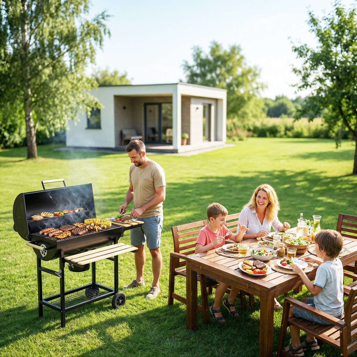 Grill węglowy ogrodowy Berdsen z półkami beczka z kominem + termometr + popielnik