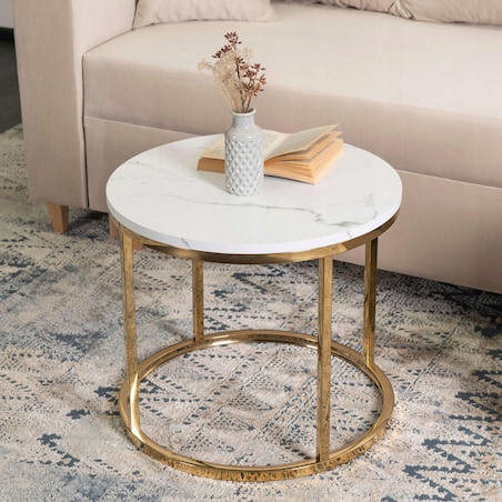 Stolik Kawowy Okrągły Ława Okrągła CLIFF Biały Marmur Złoty Glamour