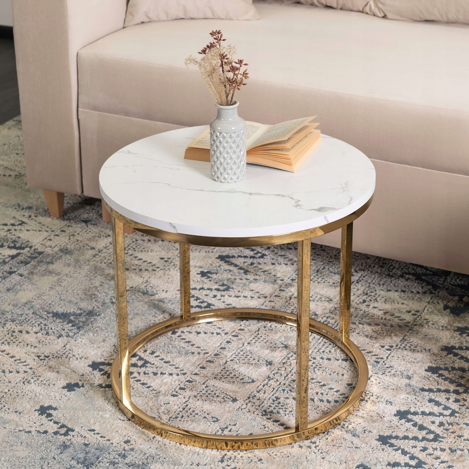 Stolik Kawowy Okrągły Ława Okrągła CLIFF Biały Marmur Złoty Glamour