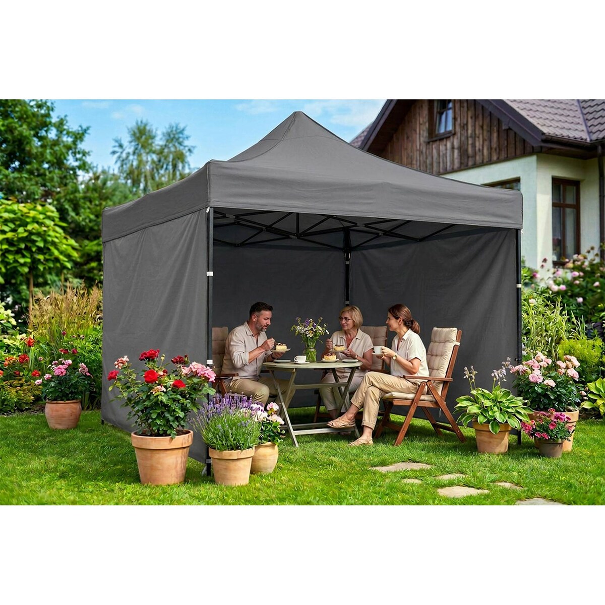 Pawilon ogrodowy Plonos PL-300 altana namiot handlowy imprezowy 3x3x3m 3 ściany szary