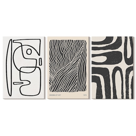 Zestaw 3 dużych obrazów na płótnie - Abstrakcyjne wzory linie tekstury boho - czarno-biały