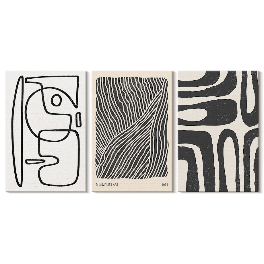 Zestaw 3 dużych obrazów na płótnie - Abstrakcyjne wzory linie tekstury boho - czarno-biały
