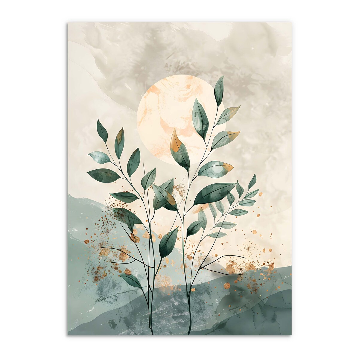 Minimalistyczny Obraz ścienny Plakat na ścianę Złota rama Zielone Liście Boho