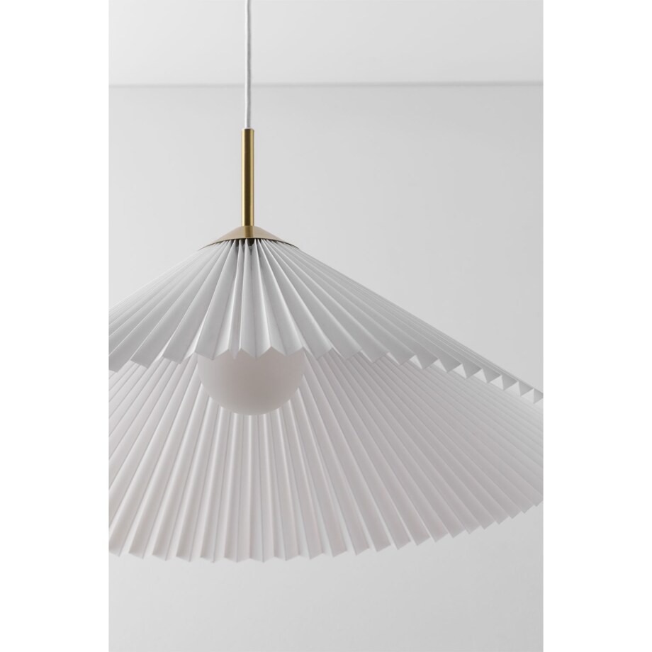 Lampa wisząca ze złotego metalu i tkaniny, biała Plisse Ø57,5 cm