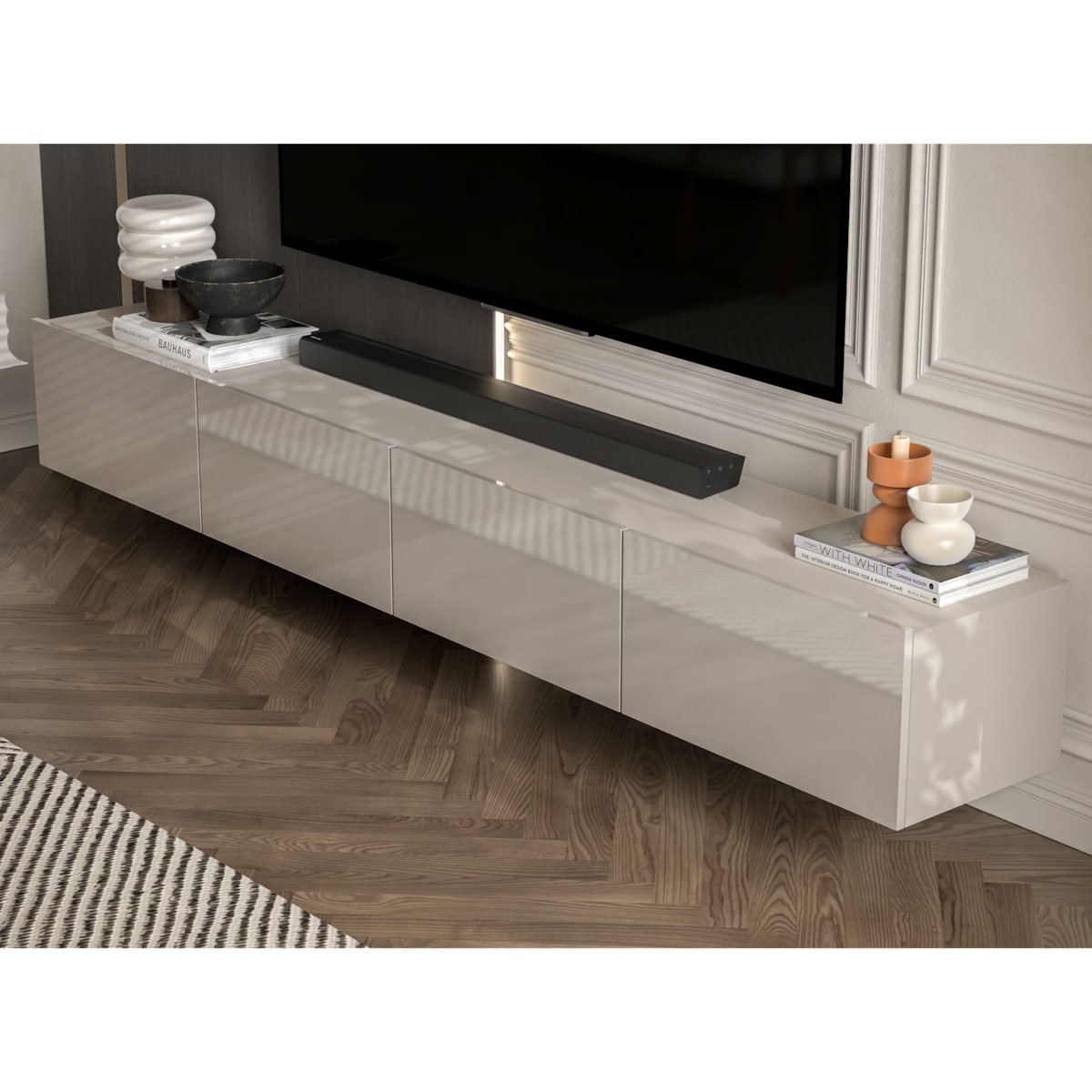 Szafka RTV Glamour Wisząca Komoda RTV Fronty Kaszmir połysk 240 cm