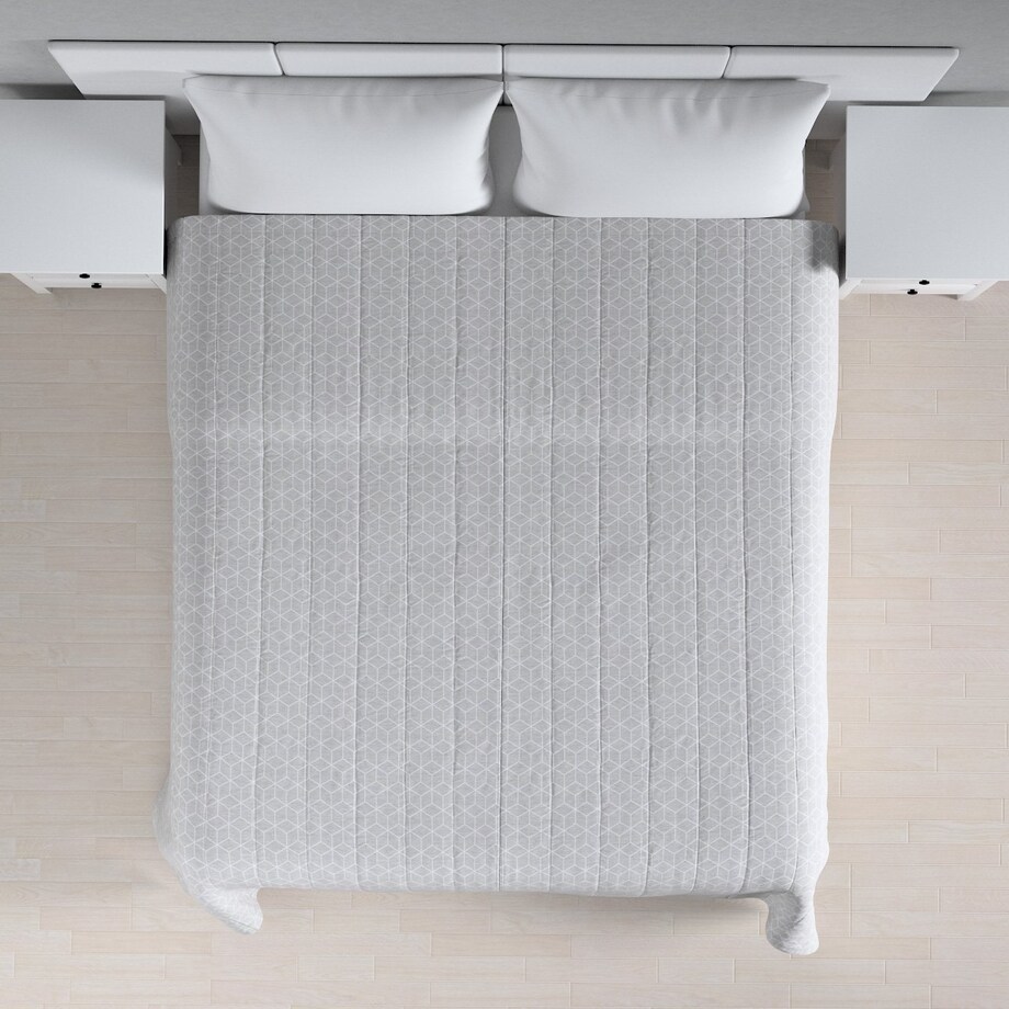 Narzuta pikowana w pasy 200x210 wzór sześcianów na szarym tle