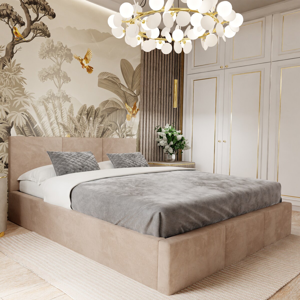 ŁÓŻKO TAPICEROWANE 160x200 ŁÓŻKO PODWÓJNE Z POJEMNIKIEM BEŻOWE