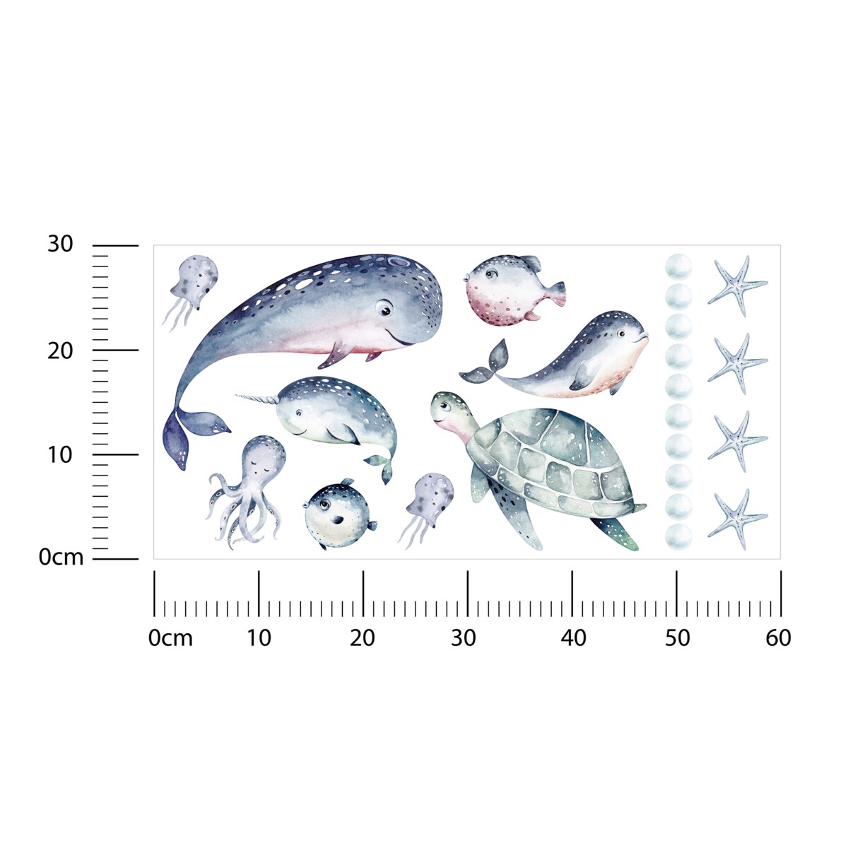 Naklejki Ścienne DLA DZIECI Akwarelowe RYBY Wieloryby Styl Boho ZESTAW 60x30cm