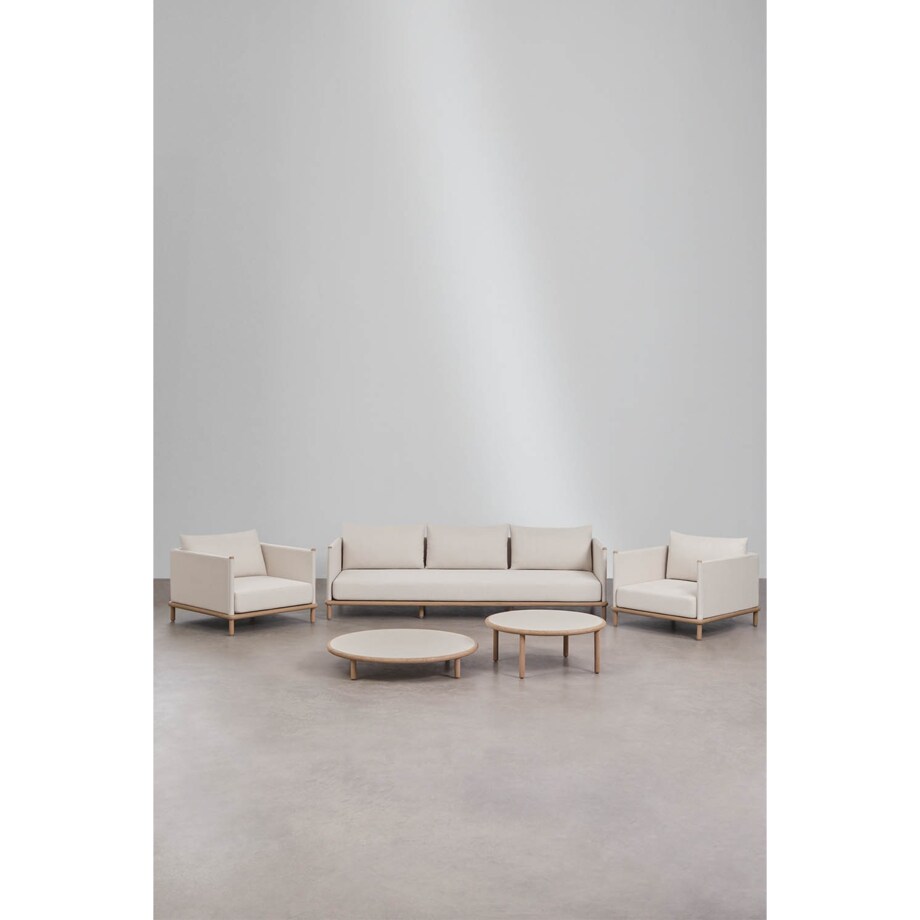 Zestaw ogrodowy: 3-osobowa sofa, 2 fotele i 2 okrągłe stoliki z drewna akacji Olivia