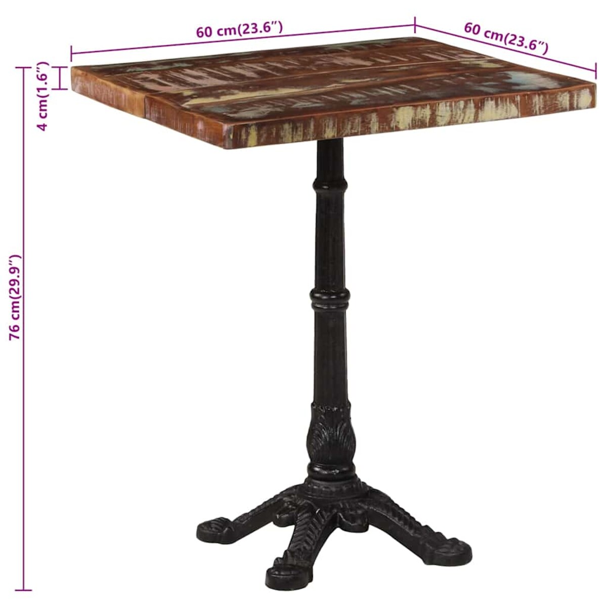 vidaXL Stolik bistro, 60x60x76 cm, lite drewno odzyskane