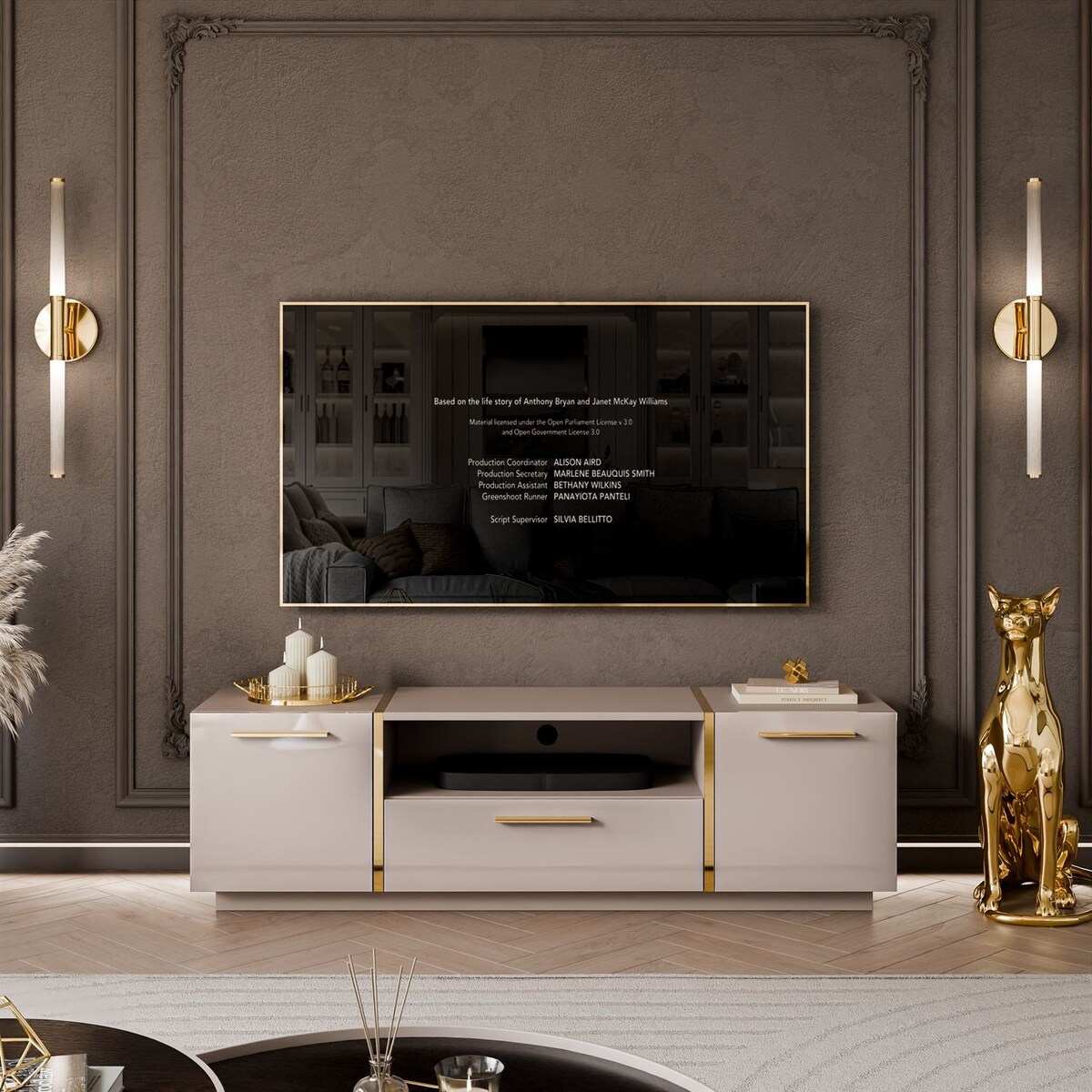 Szafka RTV ONYX kaszmir wysoki połysk 158 cm uchwyty