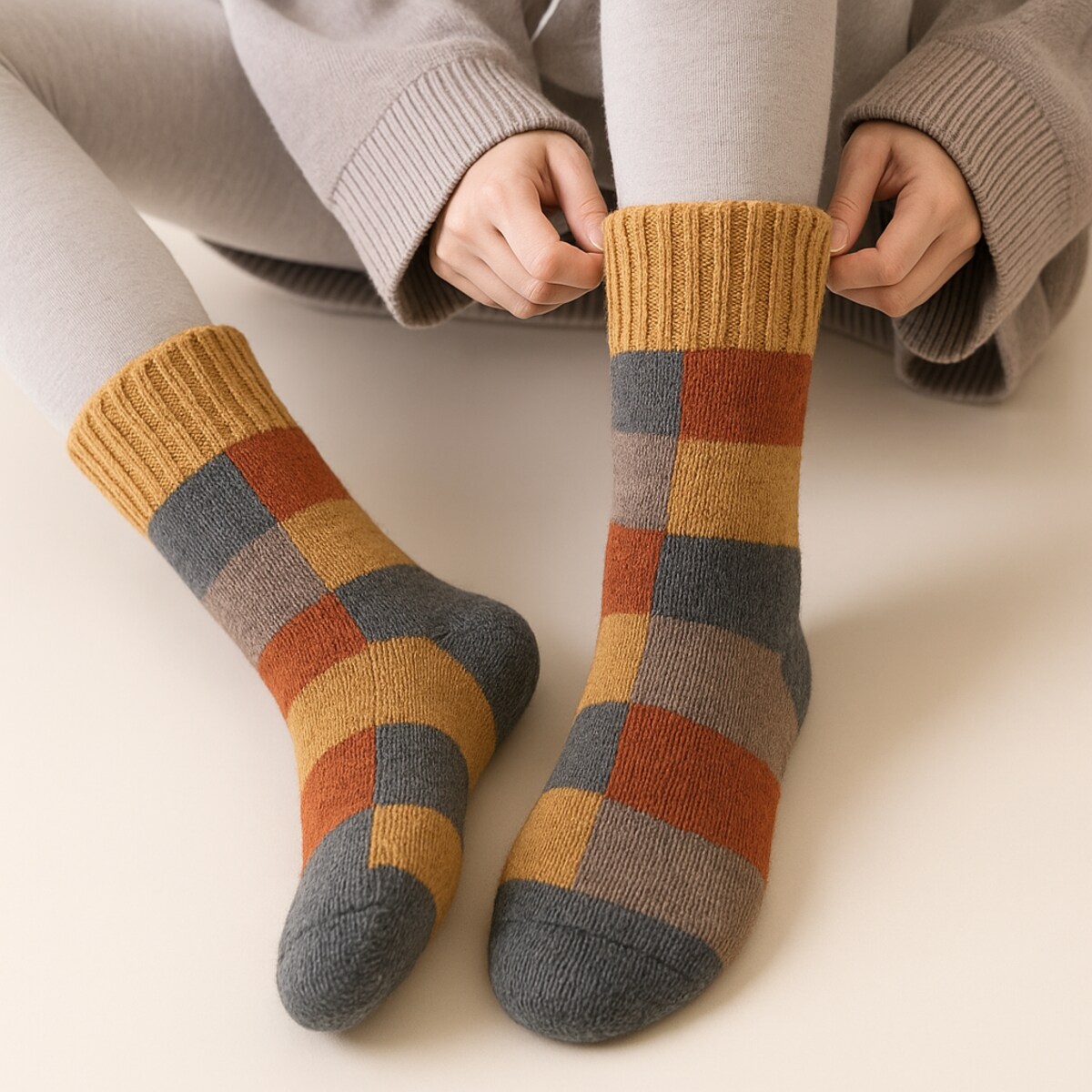 Wełniane skarpety w ciepłą kratę