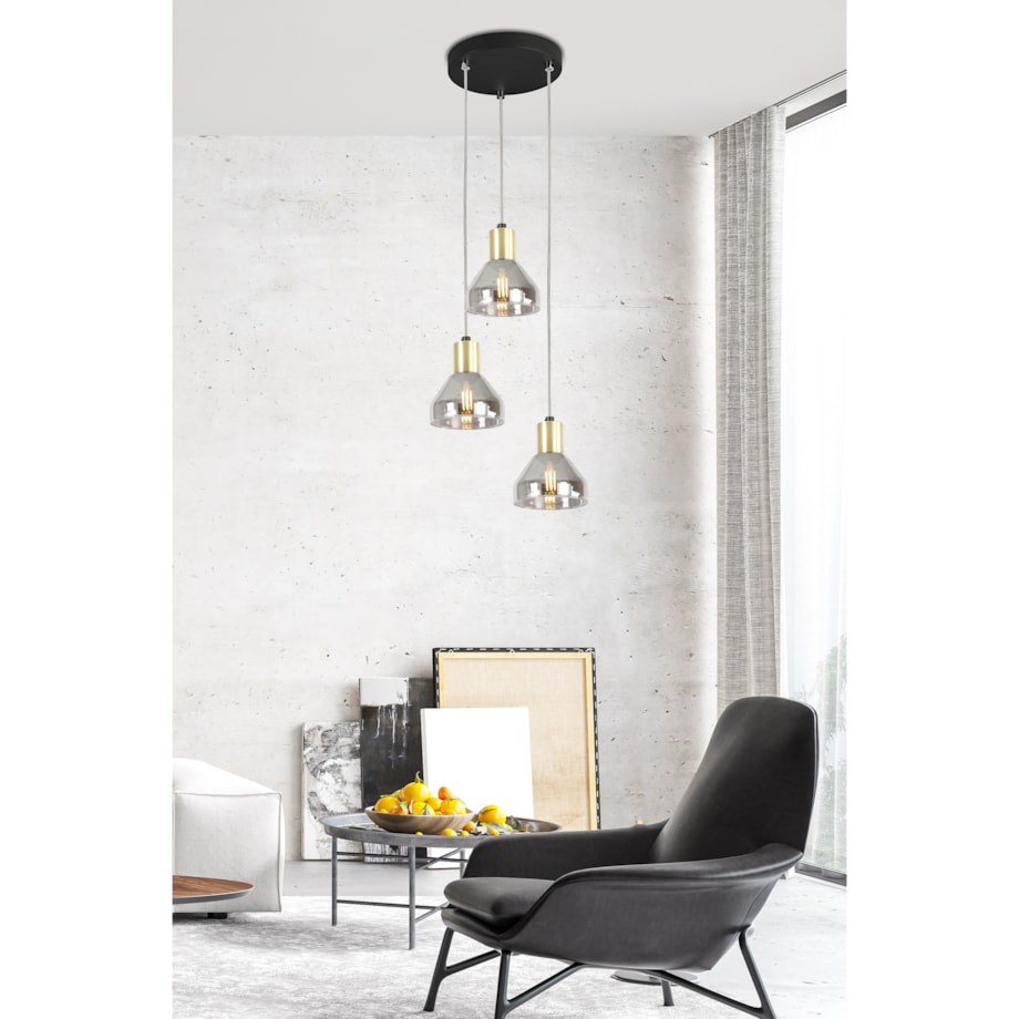 LAMPA WISZĄCA GREGORY TALERZ CZARNY BRĄZ 3X40W E14 KLOSZ DYMIONY