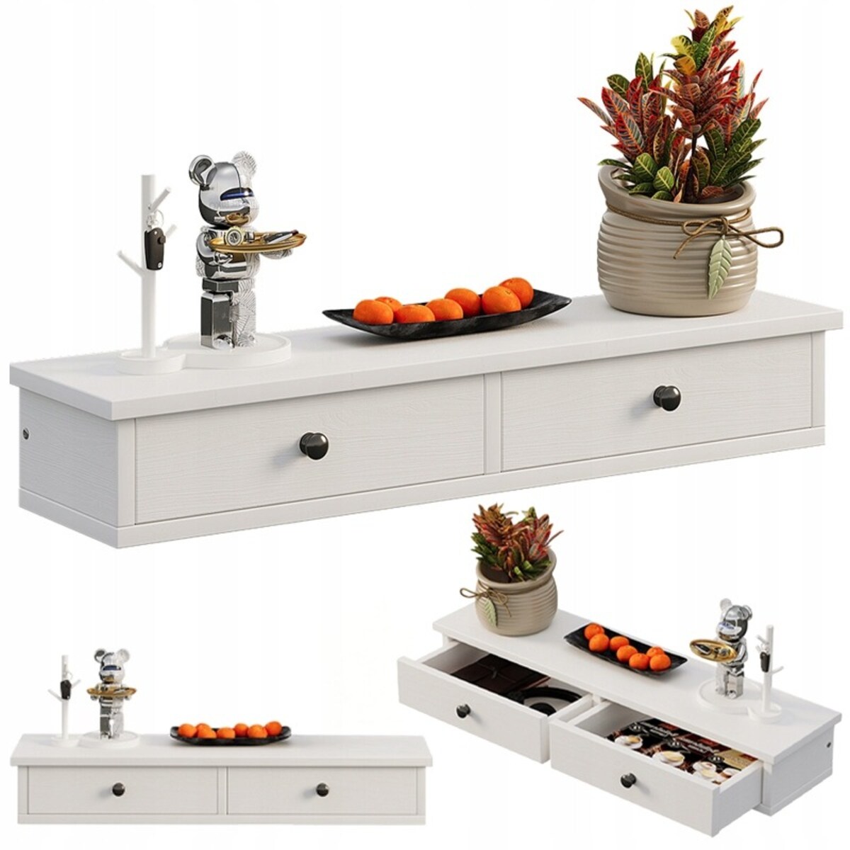 Półka wisząca z szufladami biała nowoczesna loft sypialnia ścienna 64 cm