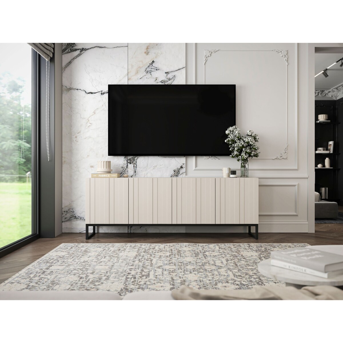 Szafka RTV Kaszmir Mat Nowoczesna Komoda RTV Loft Ryflowane Fronty Glamour 150 cm