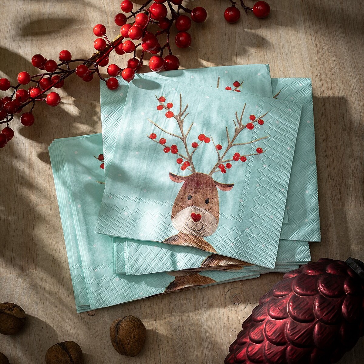 Serwetki świąteczne Reindeer Dots 20 szt. boże narodzenie, święta, świąteczne, miętowy, 16x16x3 cm