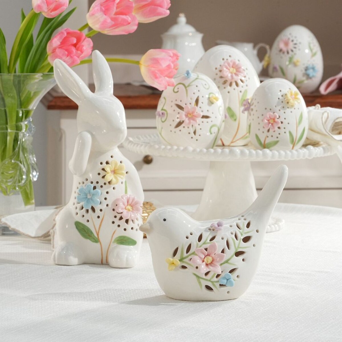 VILLA ITALIA Ptaszek porcelanowy ażurowy 12,5 cm Lampion LED LAURA