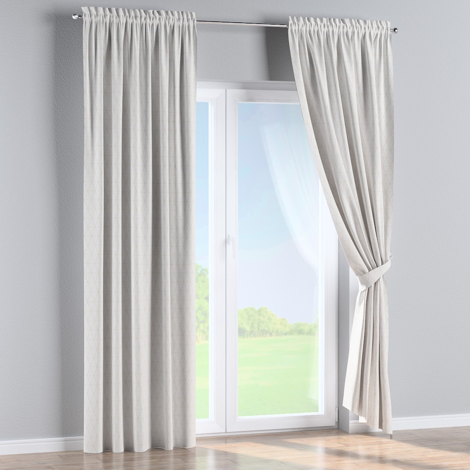 Zasłona na kanale z grzywką 1 szt. 130x260 beżowe trójkąty na kremowo-białym tle