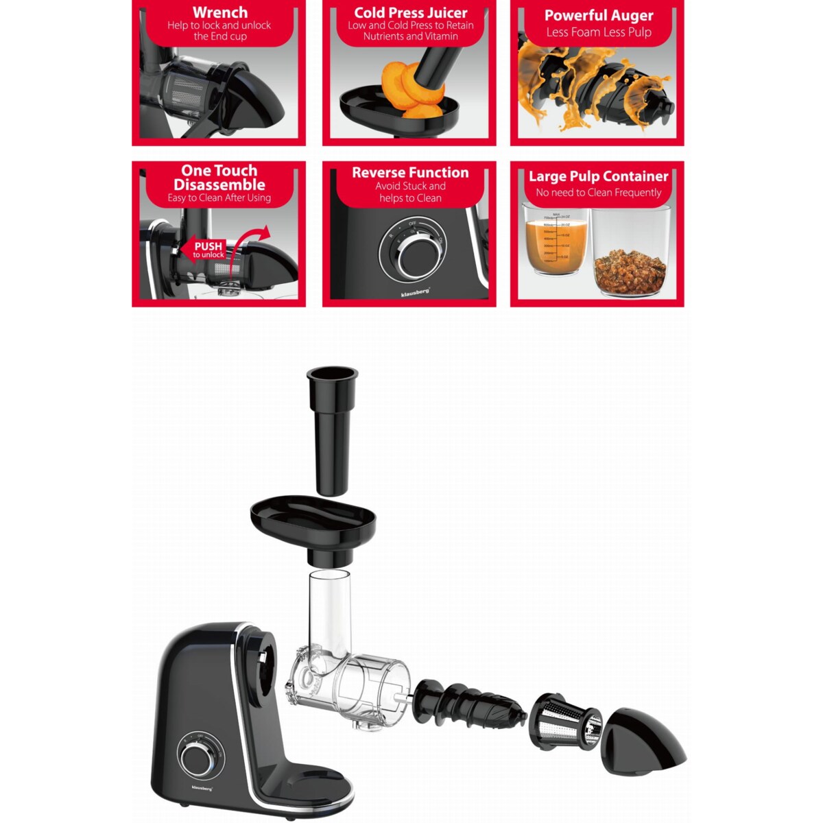 Sokowirówka wolnoobrotowa 150W do owoców i warzyw COLD PRESS KLAUSBERG KB-7866