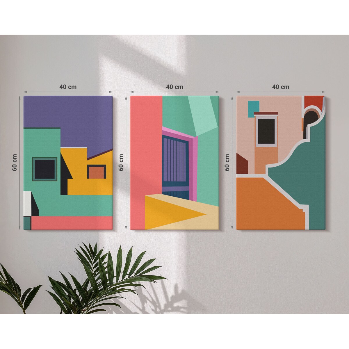 Zestaw 3 dużych obrazów na płótnie - Kolorowe ilustracje miasta - wielokolorowy