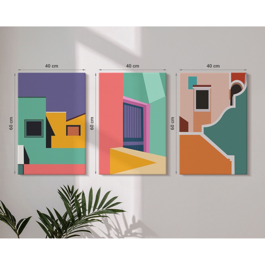 Zestaw 3 dużych obrazów na płótnie - Kolorowe ilustracje miasta - wielokolorowy