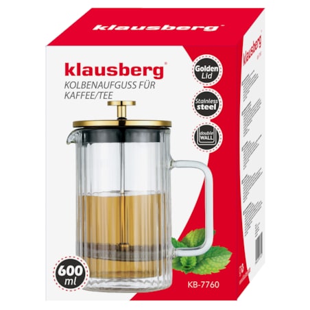 Zaparzacz do kawy herbaty szklany 600ml French Press złoty KLAUSBERG