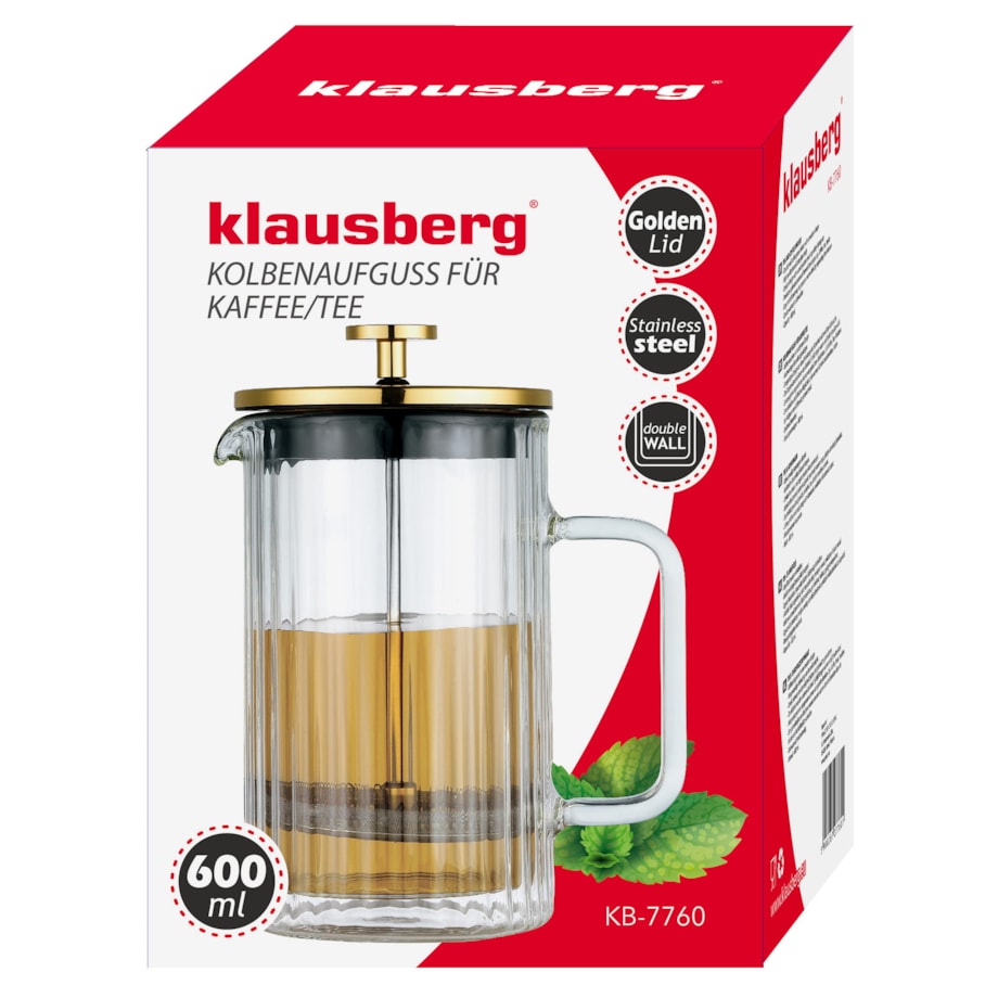 Zaparzacz do kawy herbaty szklany 600ml French Press złoty KLAUSBERG